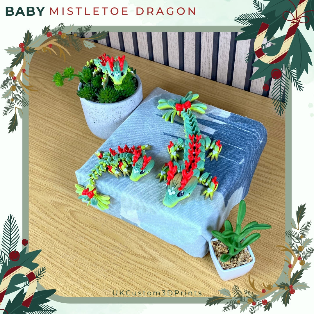 3D Printed - Baby Mistletoe Dragon - Articulated Fidget - Christmas Gift