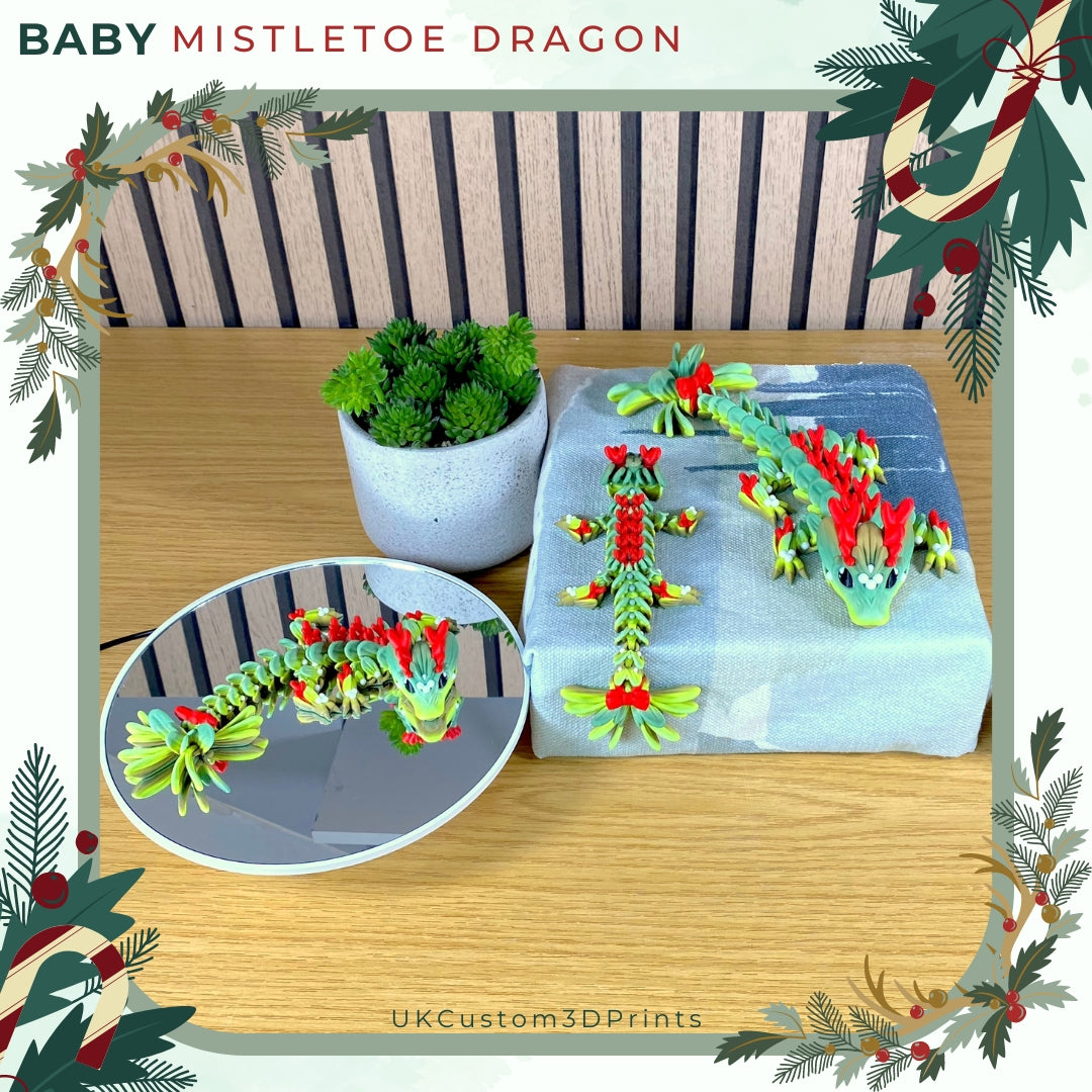 3D Printed - Baby Mistletoe Dragon - Articulated Fidget - Christmas Gift